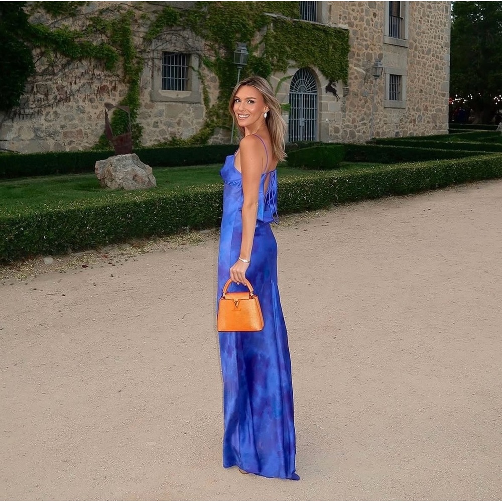 Zara dress maxi long open back satin effect blue bodycon wedding party cocktail - Picture 3 of 16